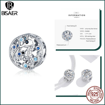 BISAER Ocean Charm 925 Sterling Silver Dolphin and Mermaid Bead with Blue CZ for DIY Jewelry EFC266 CHINA