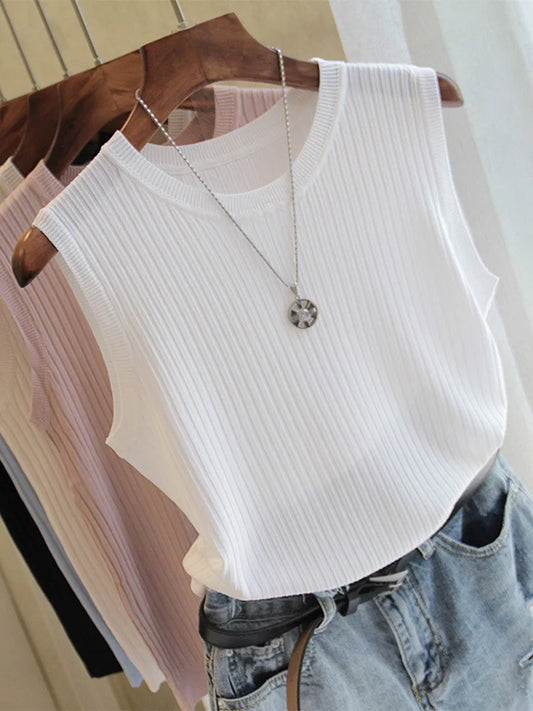 Dozw Knitted Tank Top Women O Neck Solid Vest Casual