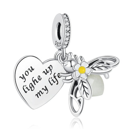 Authentic Luminous Firefly Bee Light Bulb Charm Ring Earrings 925 Sterling Silver DIY Jewelry Gift
