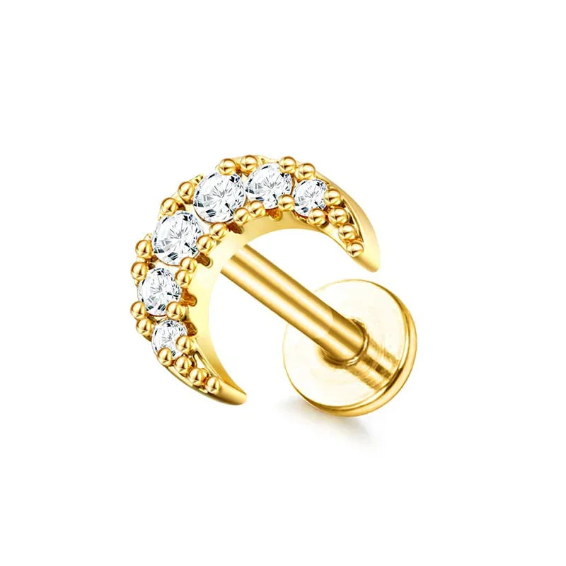 Drperfect 16G Gold Stainless Steel Cartilage Earrings for Women with Flat Back Butterfly Moon Flower Design