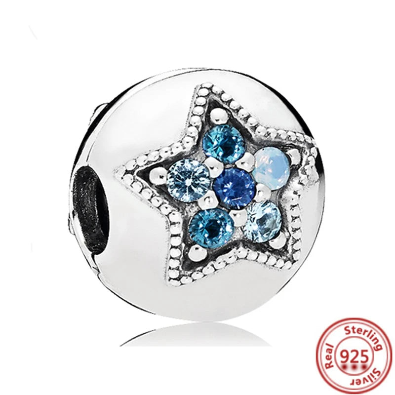 Sterling Silver Blue Zircon Feather Crown Moon Pendant Charm Bracelet Beads Y183 3mm-4mm