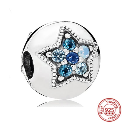 Sterling Silver Blue Zircon Feather Crown Moon Pendant Charm Bracelet Beads Y183 3mm-4mm