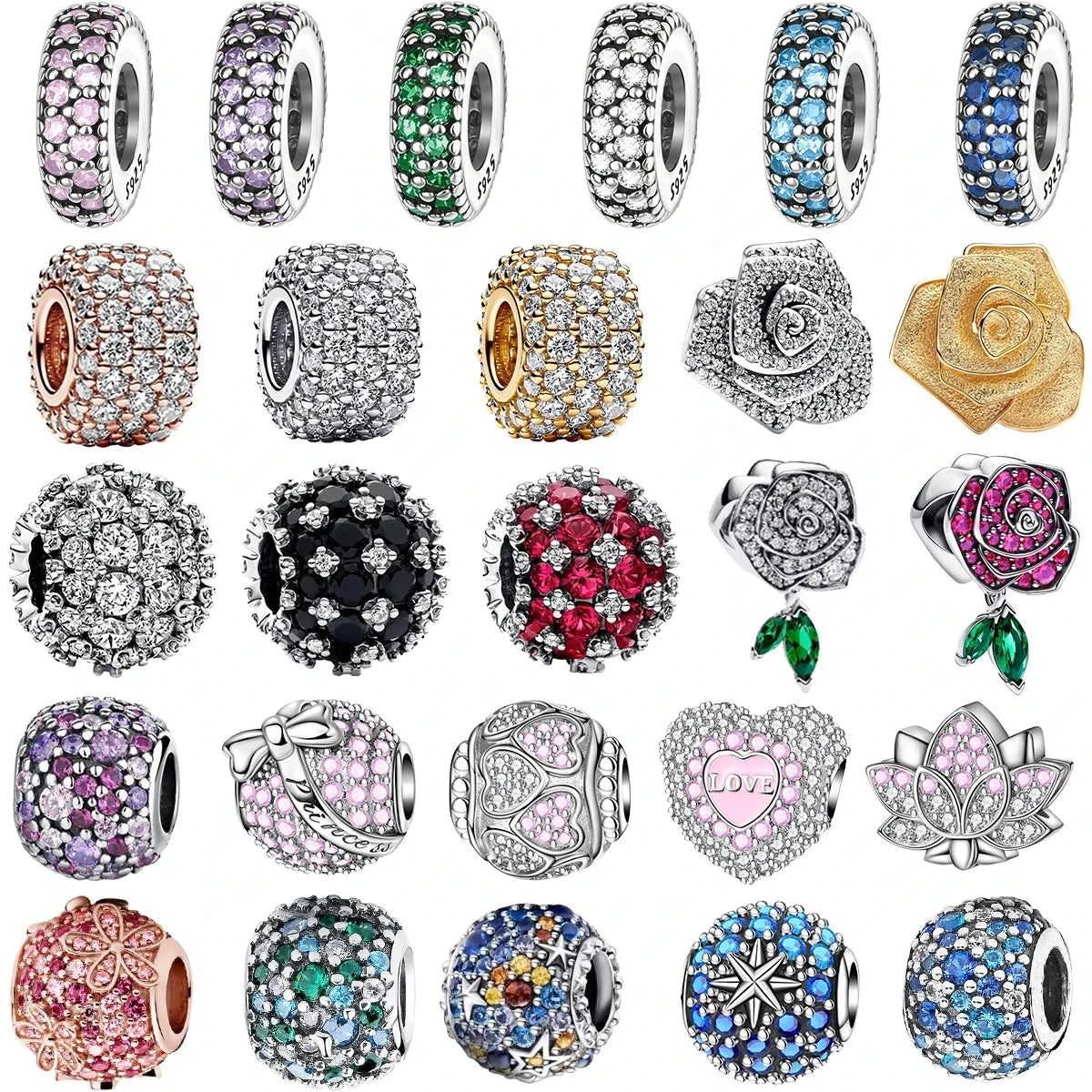 925 Sterling Silver Heart Blooming Rose Full Diamond Zircon Charms Pendant Beads for Bracelets and Necklaces