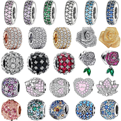 925 Sterling Silver Heart Blooming Rose Full Diamond Zircon Charms Pendant Beads for Bracelets and Necklaces