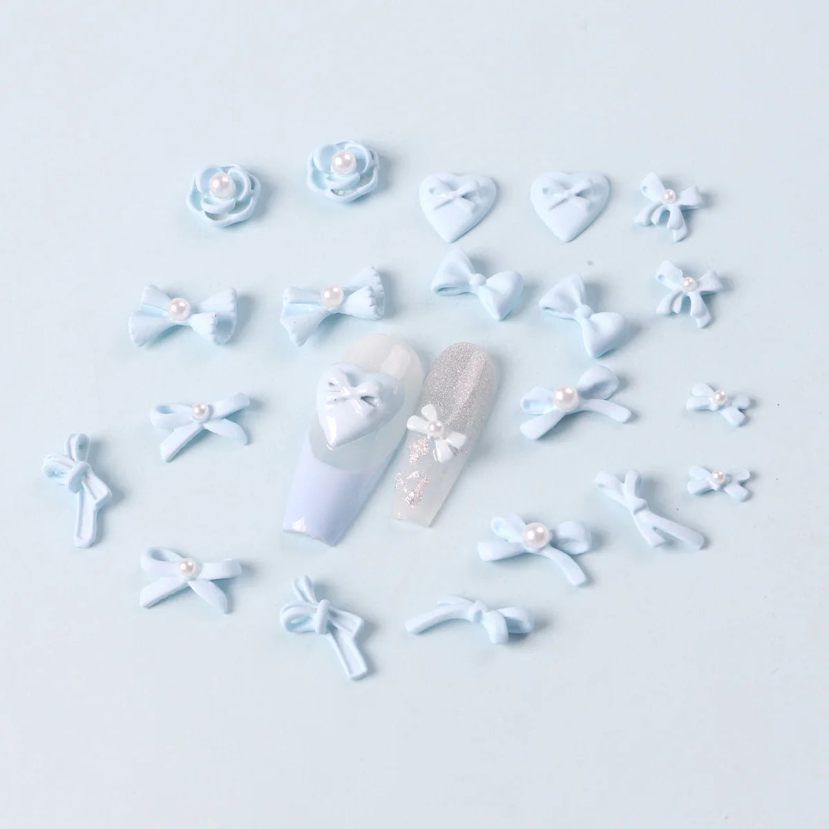 Kawaii 3D Bow Knot Nail Decoration Set - 20Pcs Blue Pink Resin Charms