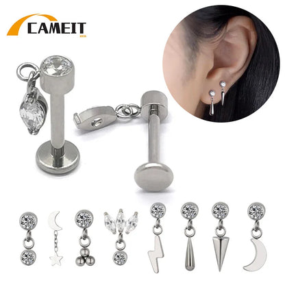 ASTM F136 Titanium Ear Piercing Pendant Chain Dangle Ear Studs with CZ Top Labret Lip Stud and Cartilage Earring Body Jewelry