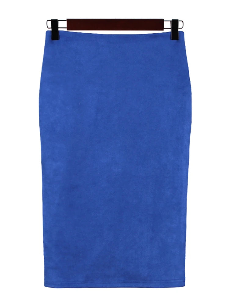 Multicolor Suede Midi Pencil Skirt Women High Waist Bodycon