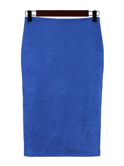 Multicolor Suede Midi Pencil Skirt Women High Waist Bodycon