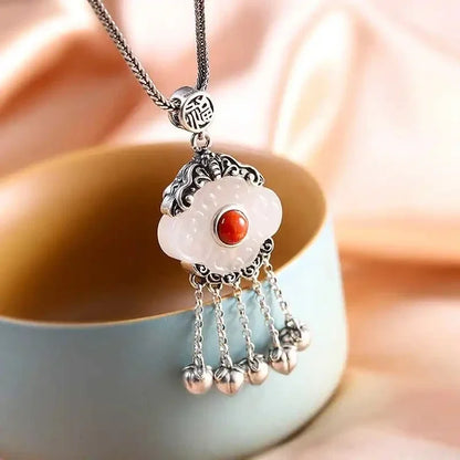 Ethnic Style Hetian Jade Silver Necklace Pendant for Ladies