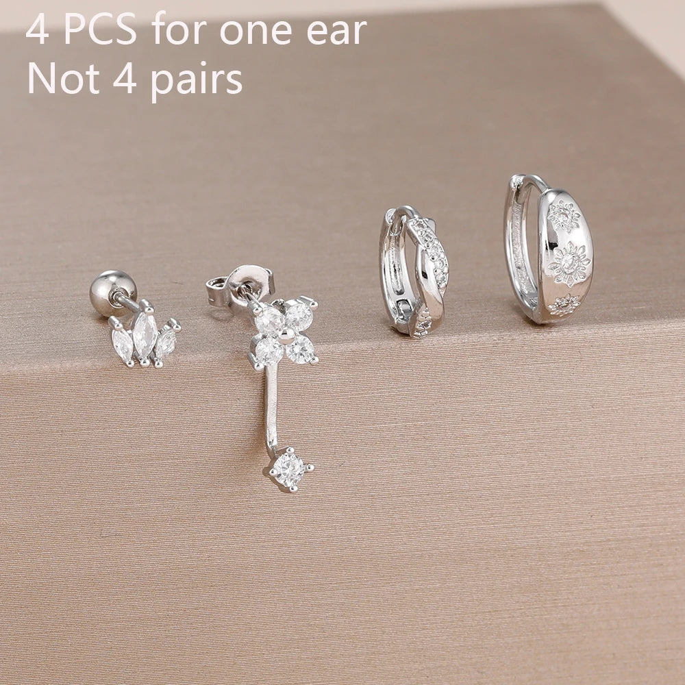 4PCS Fashion Stainless Steel Zirconia Star Huggie Hoop Earrings Set with Flower Studs for Women