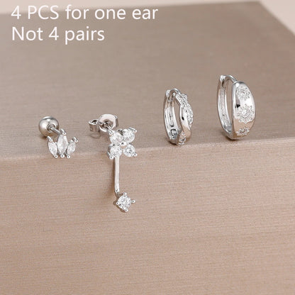 4PCS Fashion Stainless Steel Zirconia Star Huggie Hoop Earrings Set with Flower Studs for Women