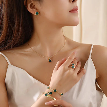 Elegant 5 Leaf Flower Jewelry Set for Women - Necklace, Earrings, Ring, Bracelet - Perfect Christmas and New Year Gift