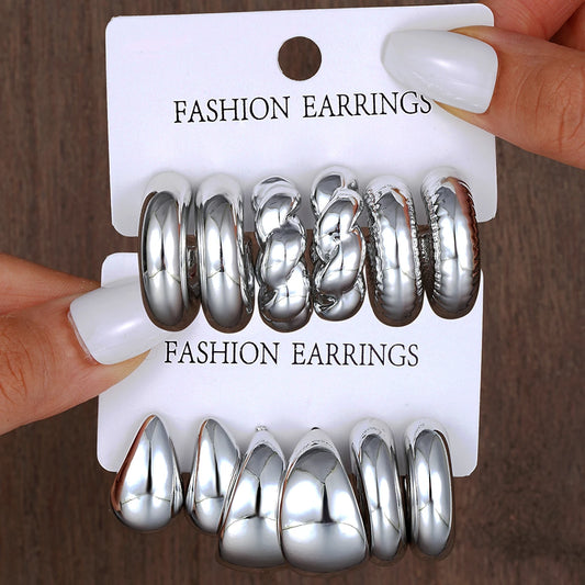 12 Piece Set Vintage Silver Color Stud Earrings for Women Boho Retro Geometric Hoop Jewelry Gifts 2024