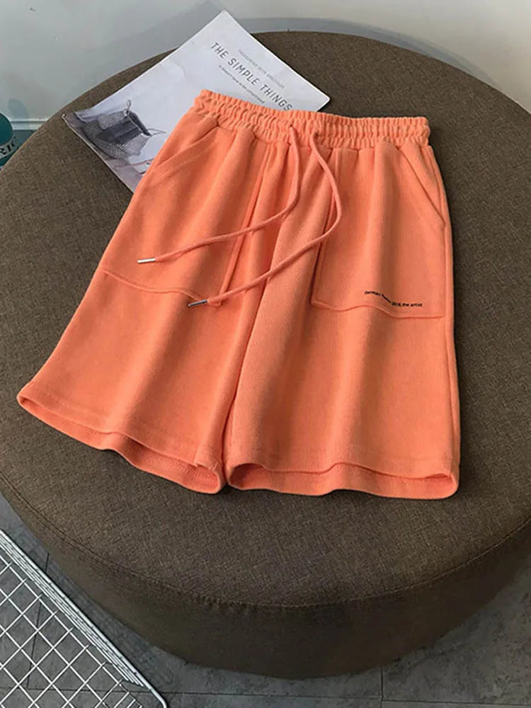 Summer High Waist Wide Leg Knee Length Shorts Drawstring