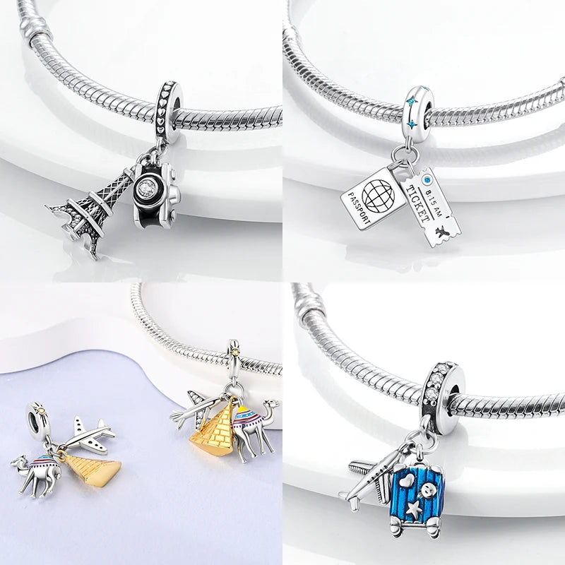 925 Silver Paris Plane Travel Charms for Bracelet Jewelry