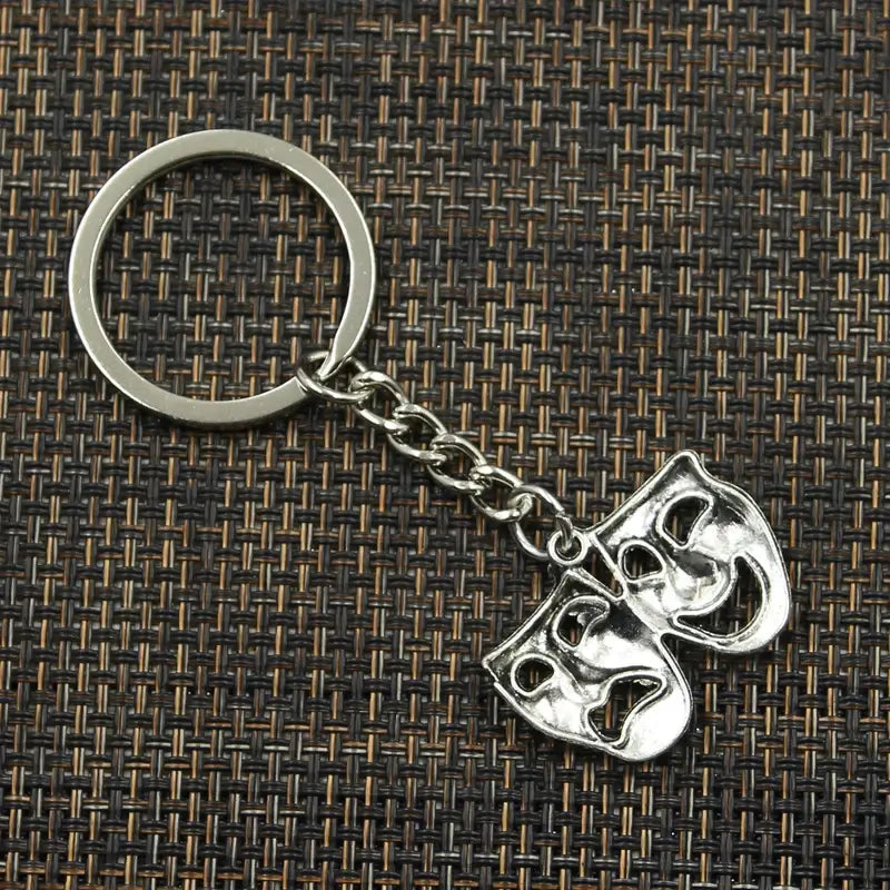 Fashion Metal Keychain with Comedy Tragedy Masks Pendant 30mm silver