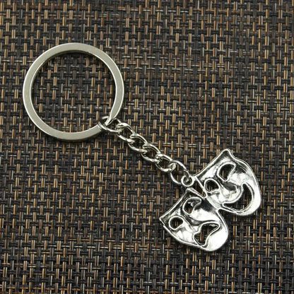 Fashion Metal Keychain with Comedy Tragedy Masks Pendant 30mm silver