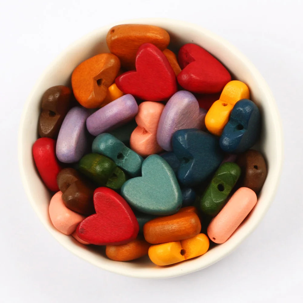Multicolor Natural Wood Heart Shape Beads Set for DIY Jewelry and Bracelet Making