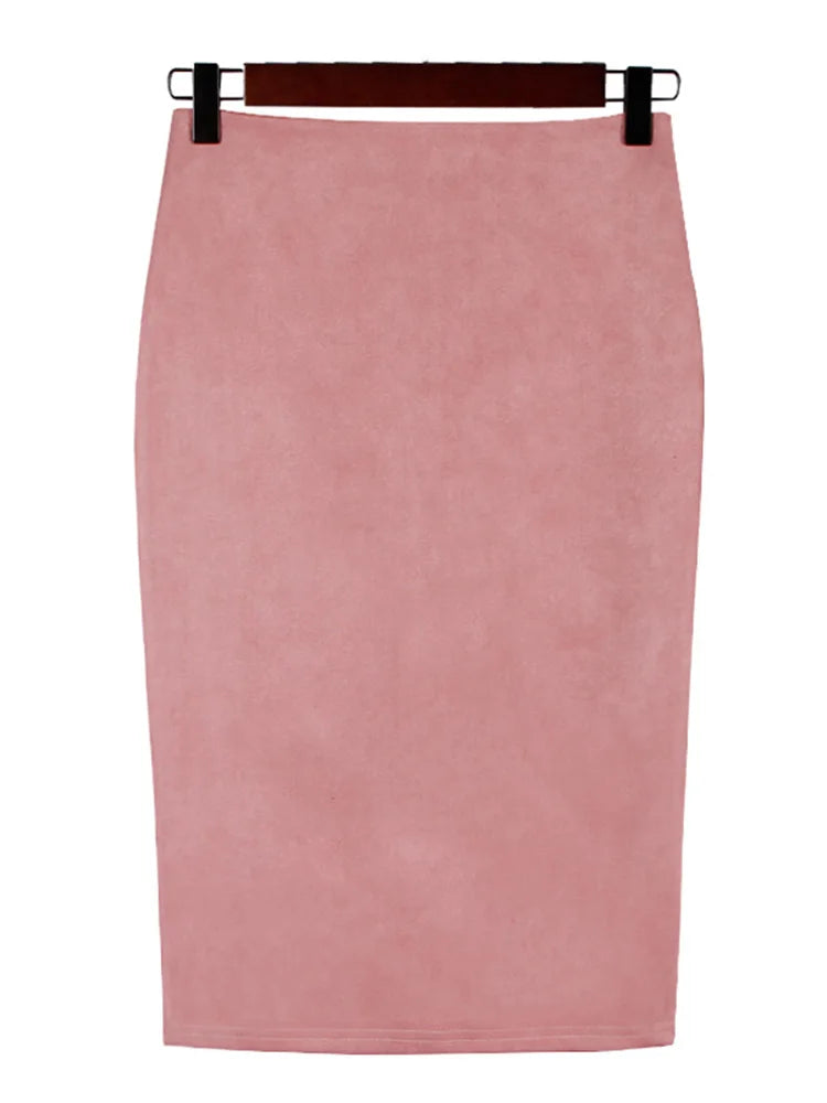 Multicolor Suede Midi Pencil Skirt Women High Waist Bodycon