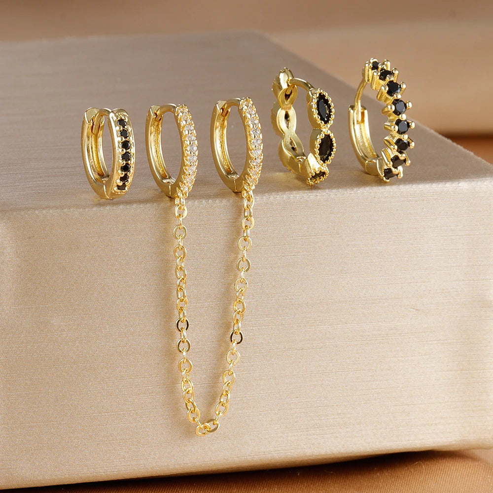 4PCS Gold Plated Stainless Steel Cubic Zirconia Star Leaves Hoop Earrings Set for Women