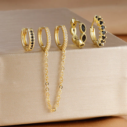 4PCS Gold Plated Stainless Steel Cubic Zirconia Star Leaves Hoop Earrings Set for Women