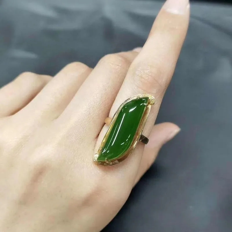 Vintage Willow Leaf Green Hotan Jade Ring with Glossy Silver Inlay for Women Adjustable Fine Jewelry