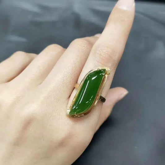 Vintage Willow Leaf Green Hotan Jade Ring with Glossy Silver Inlay for Women Adjustable Fine Jewelry