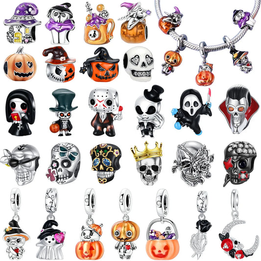 925 Sterling Silver Halloween Charms Pumpkin Ghost Witch Hat Pendant Beads for DIY Bracelet Necklace
