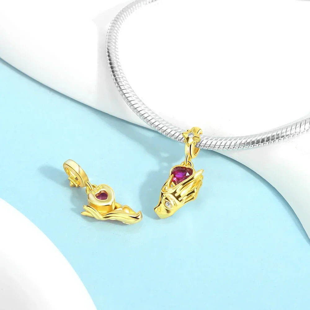 925 Sterling Silver Gold Heart and Maple Leaf Charms Sparkling Zircon Pendant for Women DIY Bracelet Fine Jewelry Gift