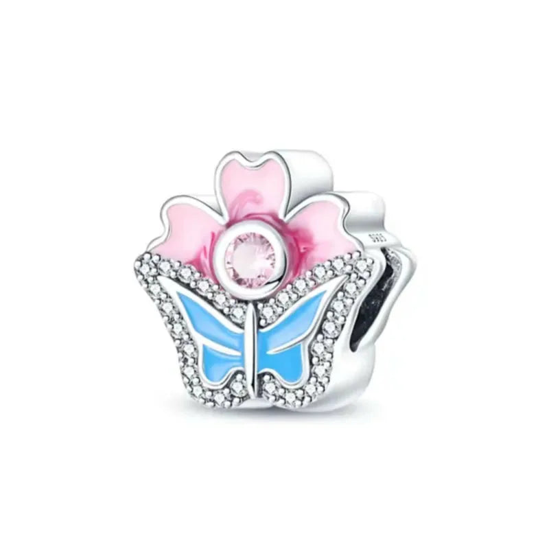 Spring Butterfly Heart Enamel Flower Charm Bead for Bracelets and Necklaces