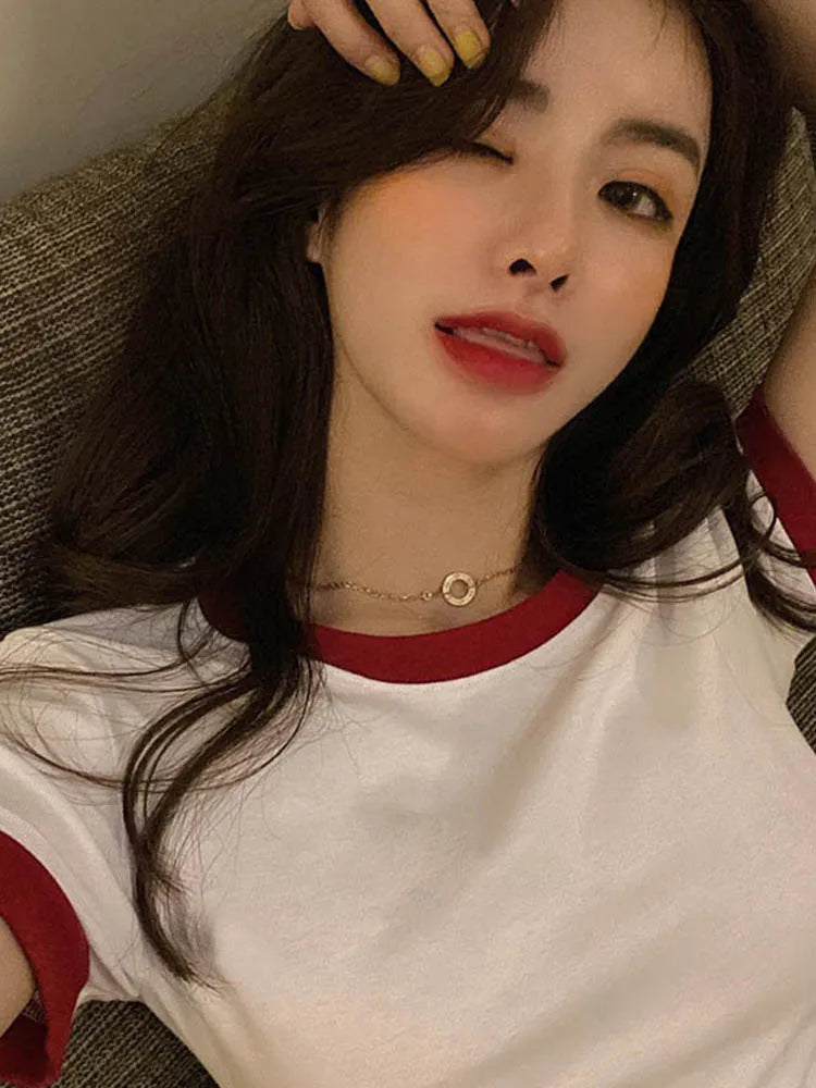 Womens Ribbed O Neck Short Sleeve Crop Top Cotton Tee