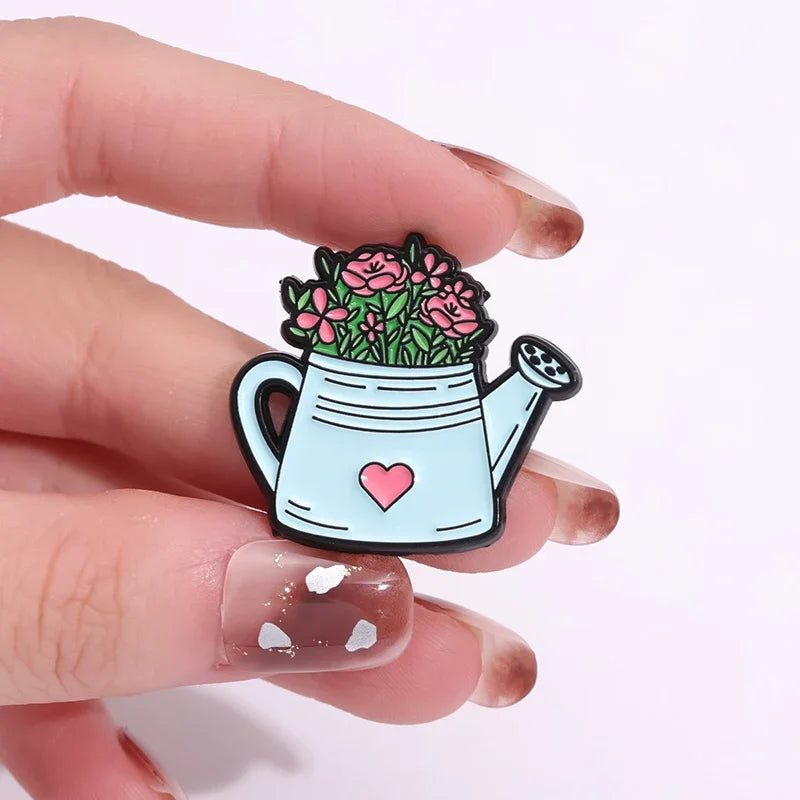 Whimsical Break Enamel Pin Set with Floral Bicycle and Watering Can Designs for Backpacks and Parties