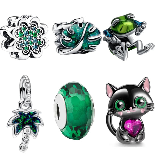 925 Sterling Silver Green Coconut Tree Frog Clover Dangle Charm Beads for DIY Bangle Necklace Fine Jewelry Gift