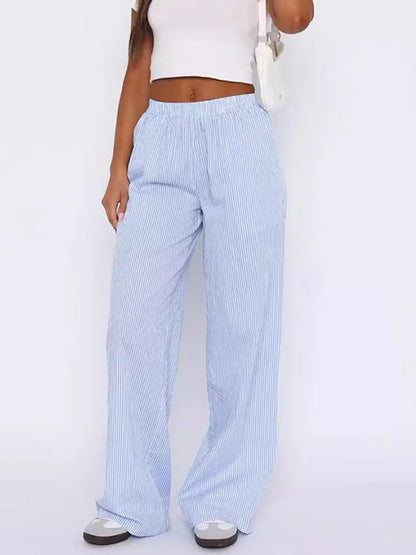 Pink Stripe Elastic Waist Pocket Pants Loose Straight Leg