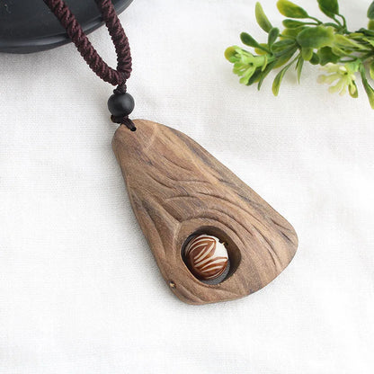 Vintage Long Sweater Chain Necklace for Women with Handmade Sandalwood Pendants in Ethnic Style