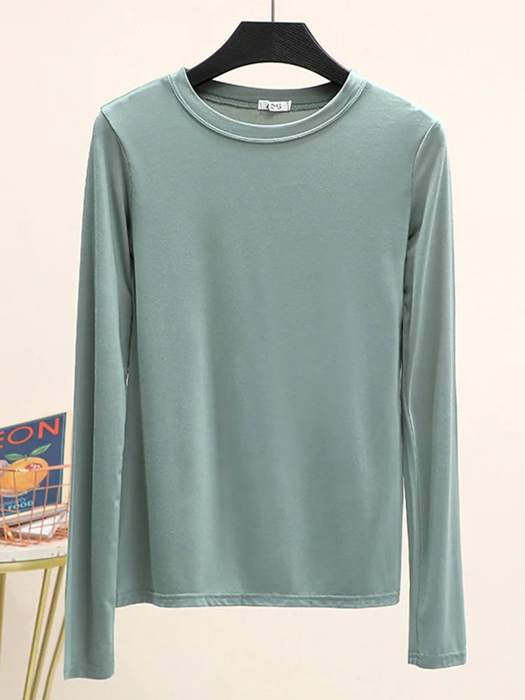 Modal Cotton Long Sleeve O Neck Womens Autumn Basic Tee