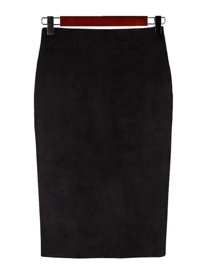 Multicolor Suede Midi Pencil Skirt Women High Waist Bodycon