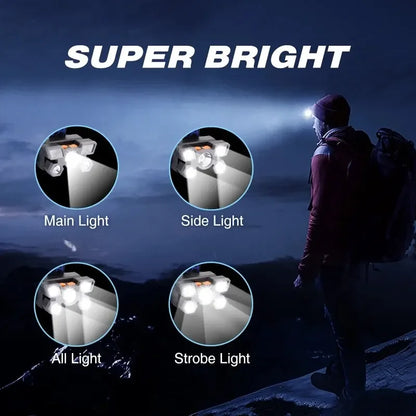 5LED Bright Headlamp Rechargeable Waterproof Adjustable 4Modes Lightweight Outdoor Gear