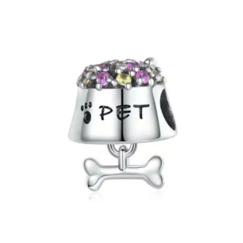 Sterling Silver Paw Print and Bone Charm Bead for Pet Bracelet Jewelry B4480