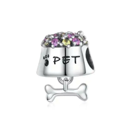 Sterling Silver Paw Print and Bone Charm Bead for Pet Bracelet Jewelry B4480