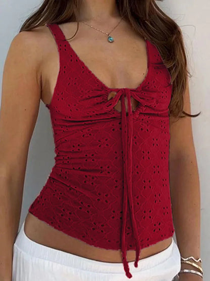 Red Lace Up Cut Out Women’s Tanks Sleeveless Design V-Neck Backless Exquisite Blouses Summer Trendy New