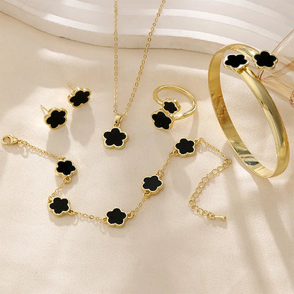 Elegant 5 Leaf Flower Jewelry Set for Women - Necklace, Earrings, Ring, Bracelet - Perfect Christmas and New Year Gift
