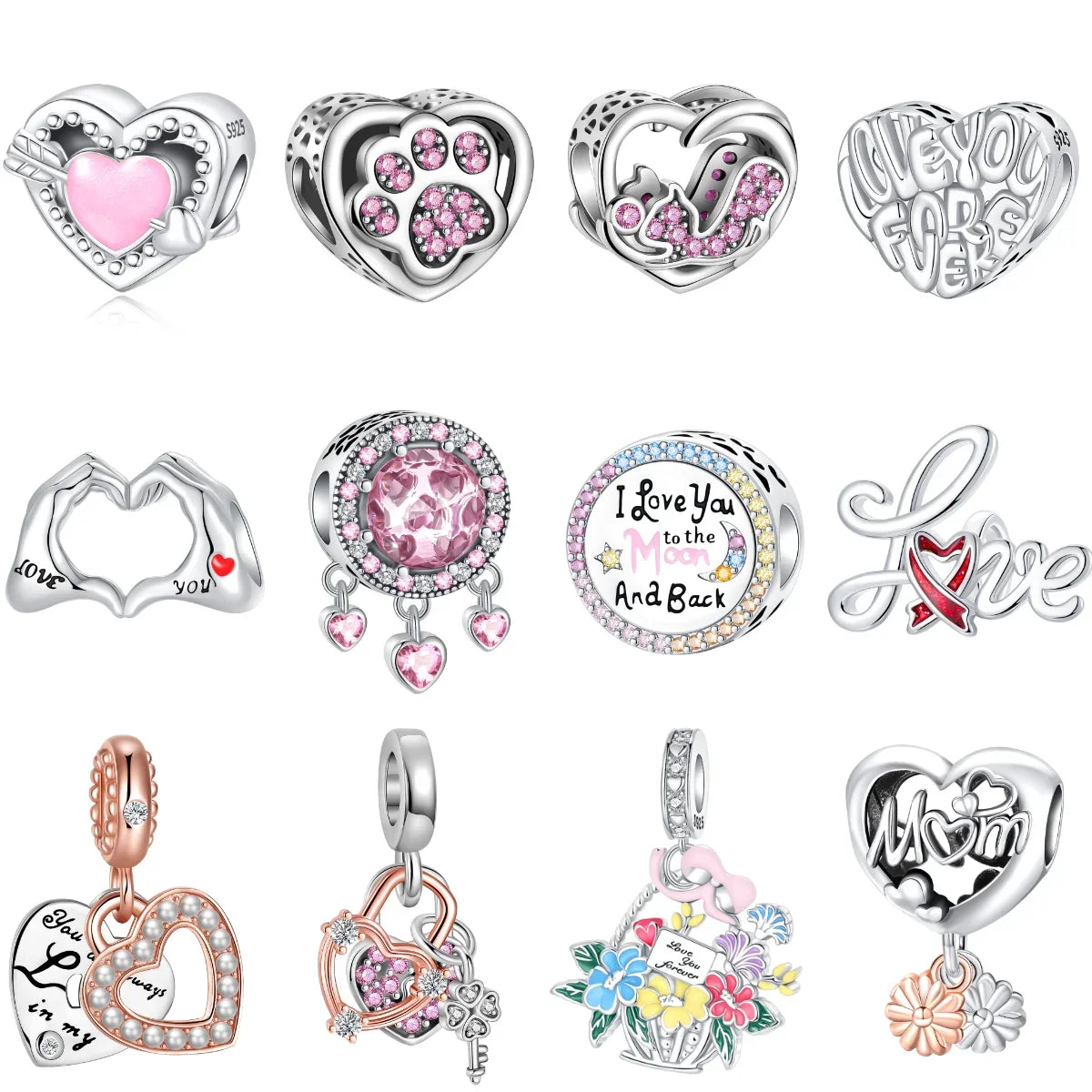 925 Sterling Silver Pink Heart Cat Claw Colorful Flower Charms for Women DIY Jewelry Pendants Bracelets Necklace