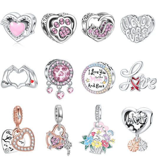 925 Sterling Silver Pink Heart Cat Claw Colorful Flower Charms for Women DIY Jewelry Pendants Bracelets Necklace