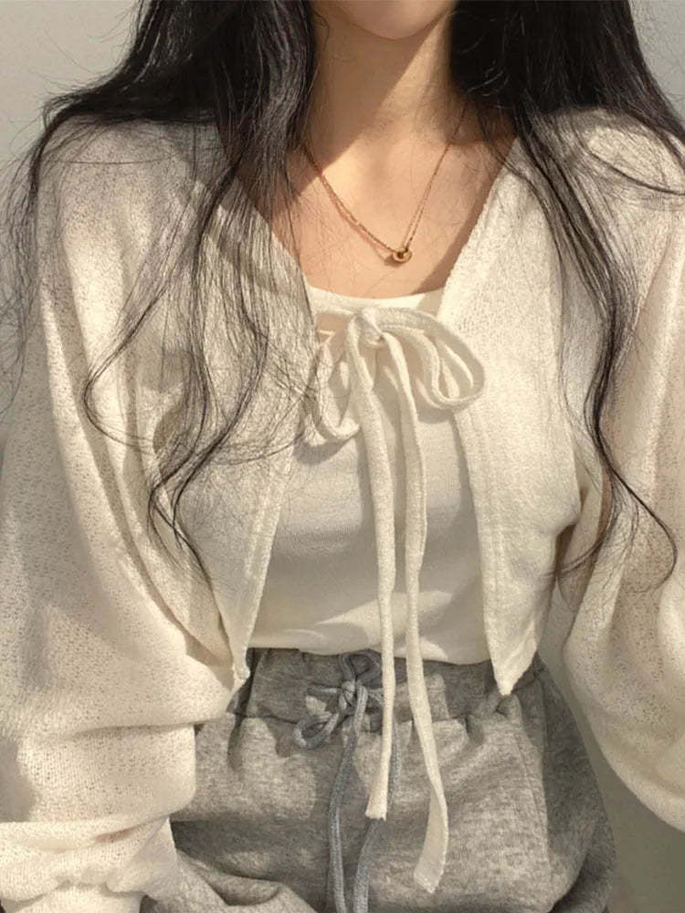 White Knit Cardigan Summer Sunscreen Korean Lantern Sleeve