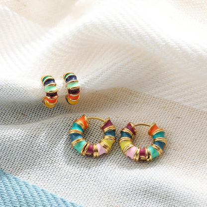 Kpop Multicolour Enamel Bamboo Hoop Earrings for Women - Stainless Steel C Shape Summer Jewelry