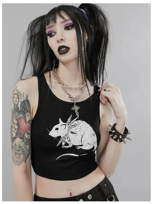 Goth Black Cropped Bodycon Tank Top O Neck Knit Streetwear
