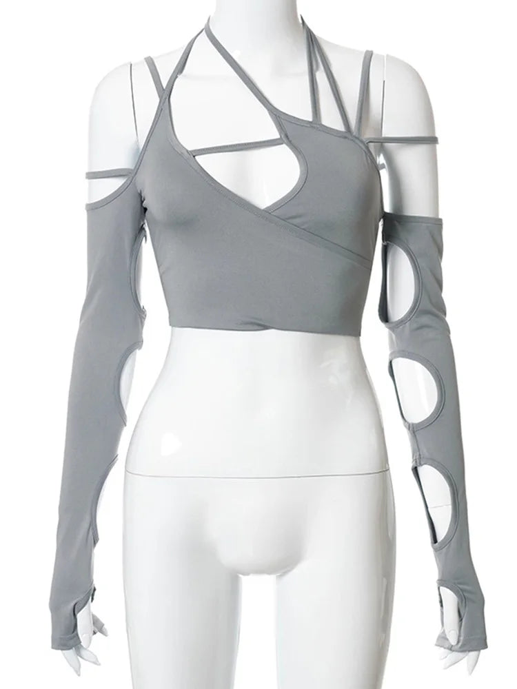Punk Halter Crop Top Patchwork Gothic Egirl Style For Women