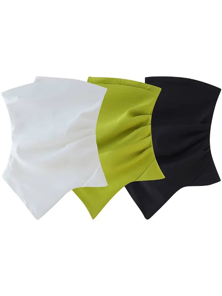 Women Fashion Strapless Pleats Asymmetrical Top Female Casual Sexy Slim Fitting Side Zipper Solid Crop Top