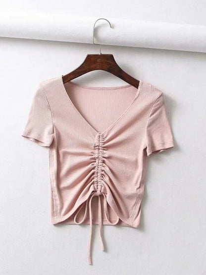 Women Candy Colors V Neck Cropped Tank Top Drawstring Tie